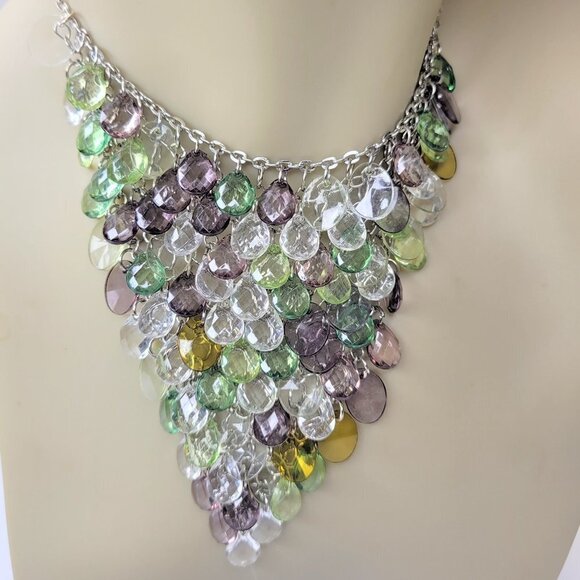 Waterfall Necklace Green and Clear Lucite Bead Bib Necklace - Picture 1 of 8